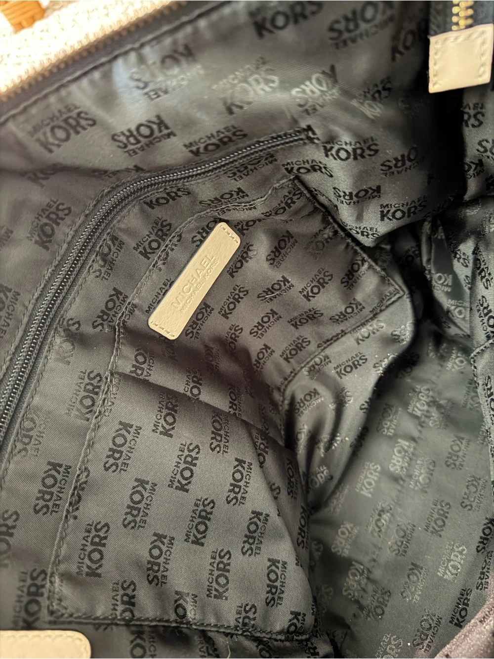 Michael Kors Black Pebbled Leather Tote with Beige Trim and Gold Charm